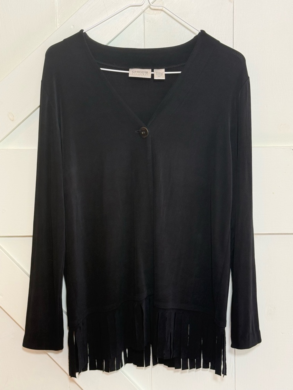 Chico’s Travelers Black Fringe Hem Button Cardigan Size 1 M